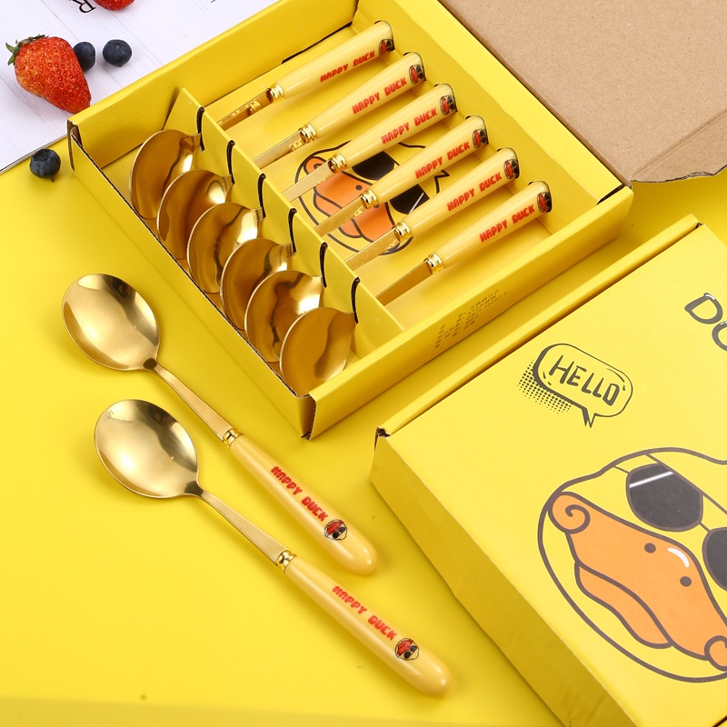 Set 6 thìa vịt vàng DUCK dễ thương xinh xắn - Bộ 6 muỗng hình vịt mạ vàng đáng yêu cán dài cho bé ăn dặm