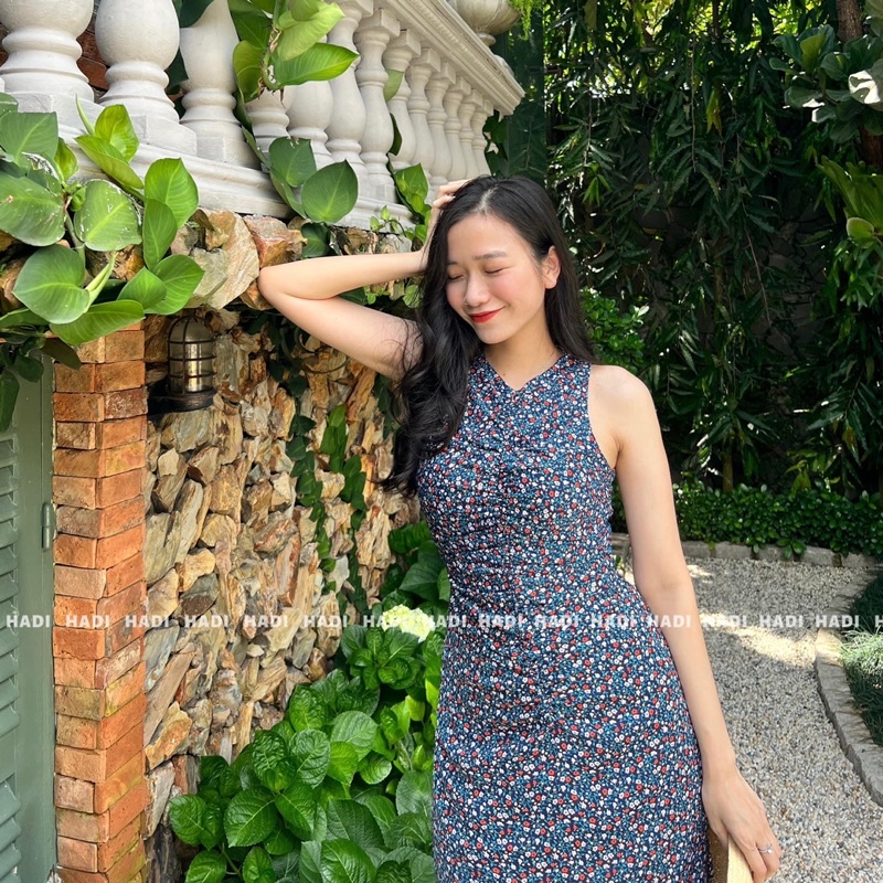 Đầm hoa sát nách nhún ngực dáng middi - Yên