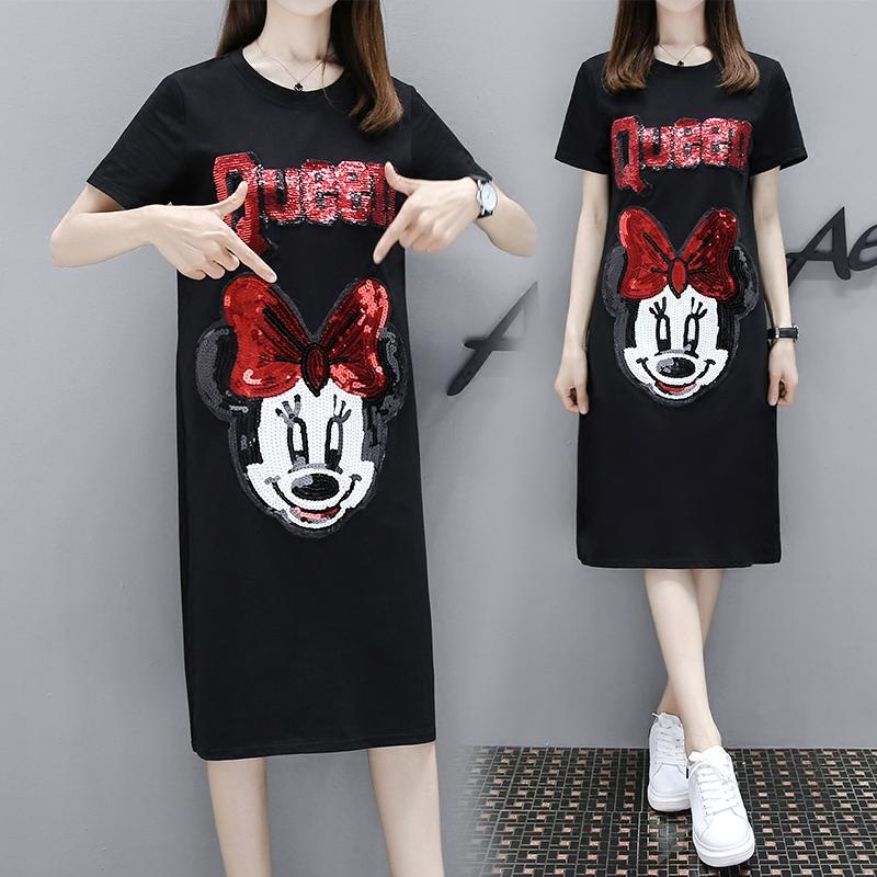 Lengan pendek baju kaos wanita musim panas Gaya Korea adik perempuan gemuk Menambah Ukuran Kartun paillette model setengah panjang mm Terlihat Langsing Gaun
