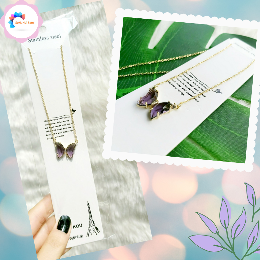 [HCM]Dây Chuyền Thời Trang Nữ Đẹp 2020 Mặt Hình Bướm Đá Pha Lê Tím Bằng Thép Titan Phong Cách Hàn Quốc Xinh Xắn - SOHANEI FAM