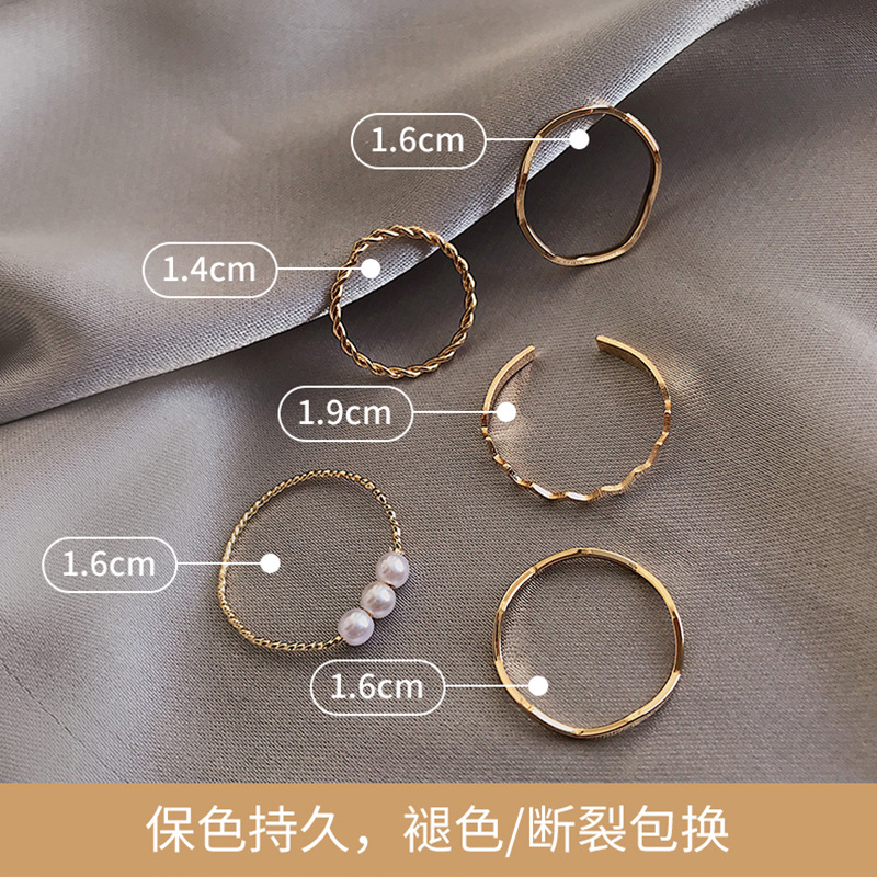 [ Free Size ] Set 5 Nhẫn Đính Ngọc Trai Phong Cách Hàn Quốc Màu Vàng Và Bạc Basic