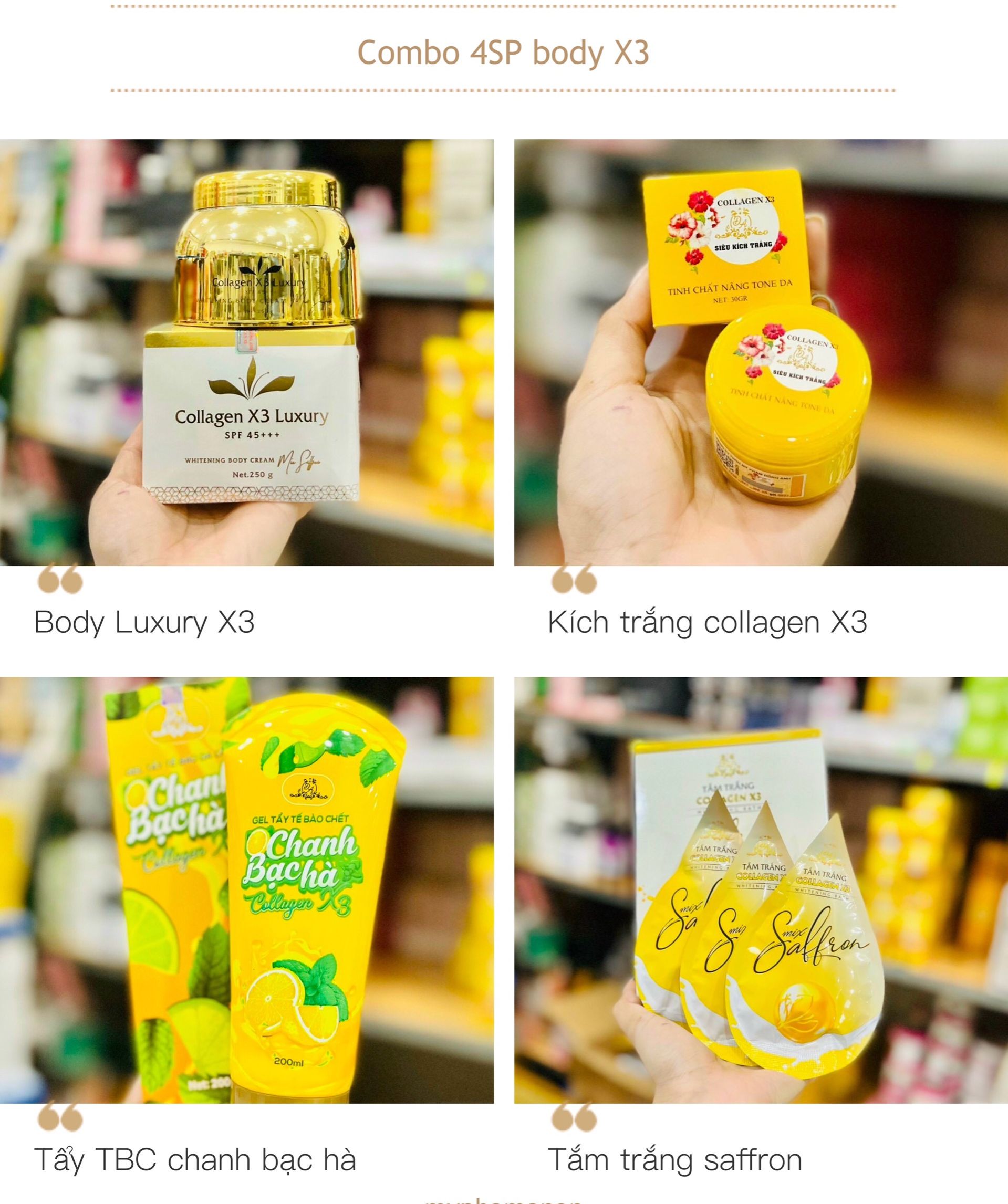 Combo 4 sản phẩm Kem Body Luxury Kích trắng X3 Tắm trắng X3 và Tẩy tế bào chết Chanh Bạc hà X3 Chính Hãng- Kèm Phiếu bảo hành