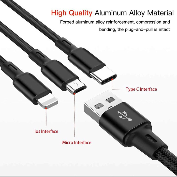 SẠC 3 ĐẦU DÂY DÙ HỖ TRỢ SẠC NHANH ( CHÂN TYPE C, iphone, micro USB)
