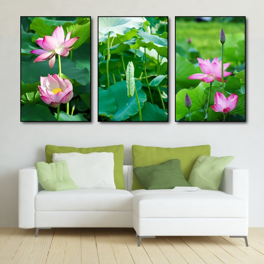 LaLaShop - Bộ 3 tấm tranh treo tường phòng khách tranh hoa sen phật treo tường có khung gỗ set 3 tấm tranh treo tường treo phòng thờ decor phòng khách tranh 3d hiện đại