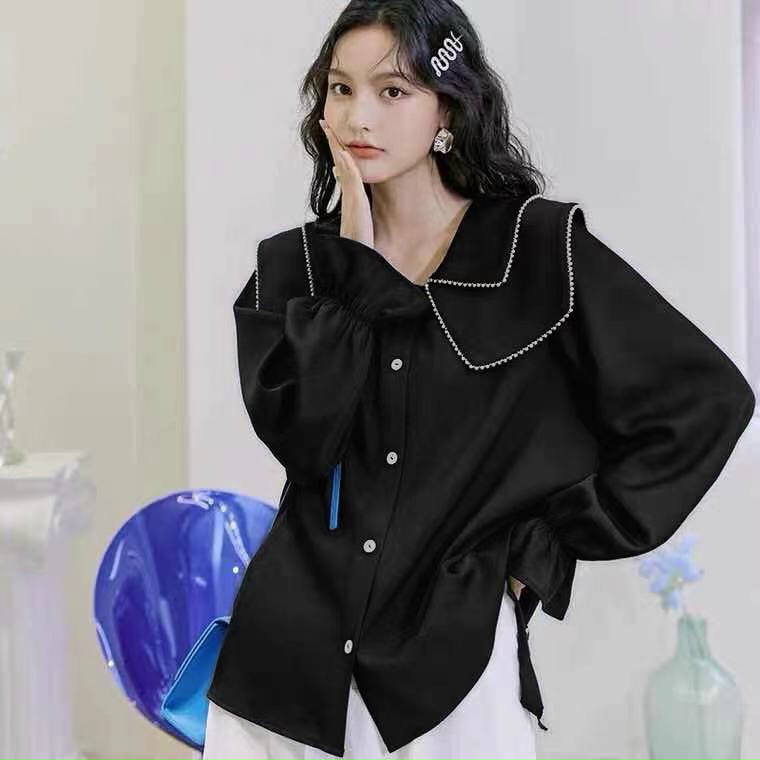 Áo Sơ Mi Nữ Lụa Quảng Châu Cổ Đan Kép Pha Ren Kép Hạt M006