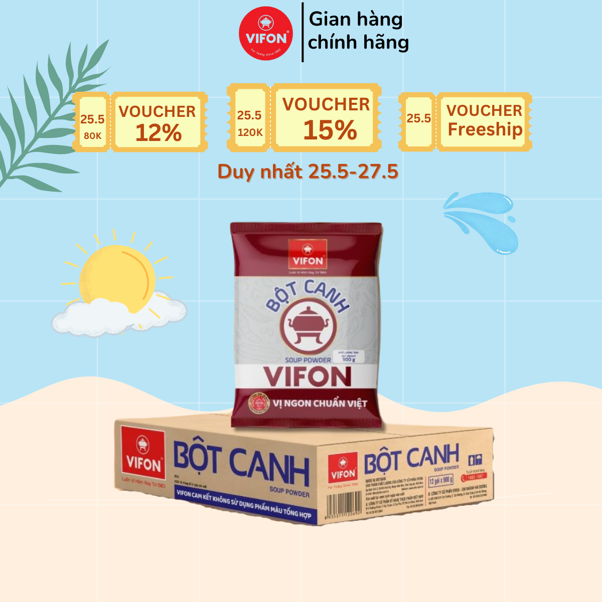 [VOUCHER đến 80K]-Thùng 12 gói Bột Canh 14% VIFON  900gr/gói