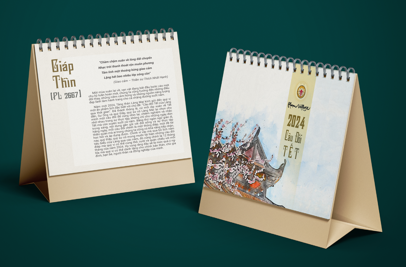 Lịch bàn 2024: bộ lịch thư pháp làng mai: câu đối tết 18 x 18cm _thaihabooks