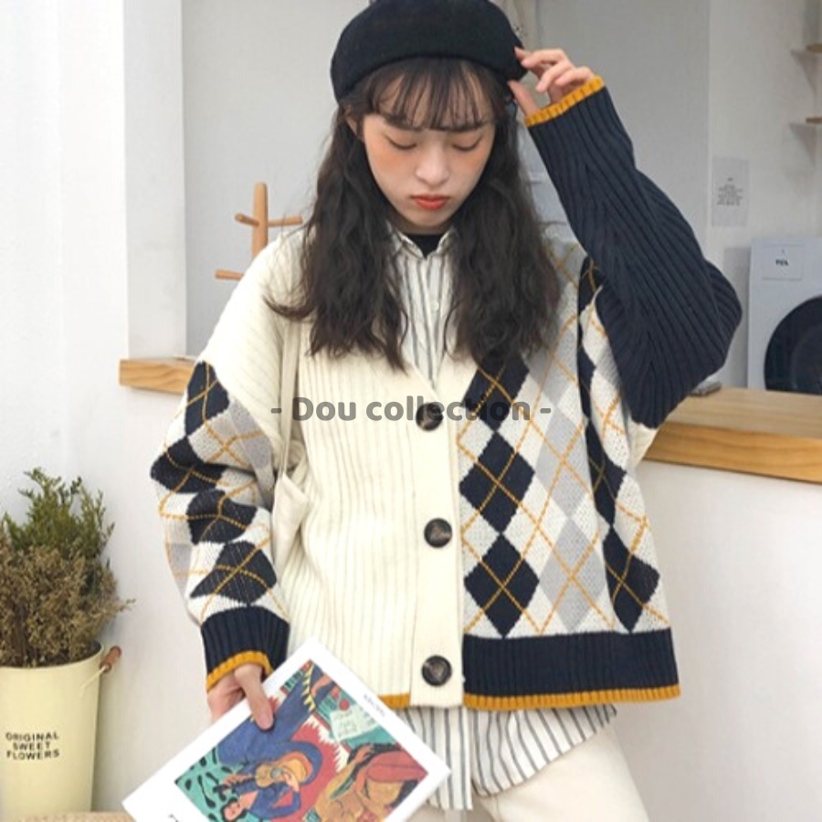Áo khoác cardigan form rộng họa tiết caro, áo khoác len thời trang thu đông - mã ta041