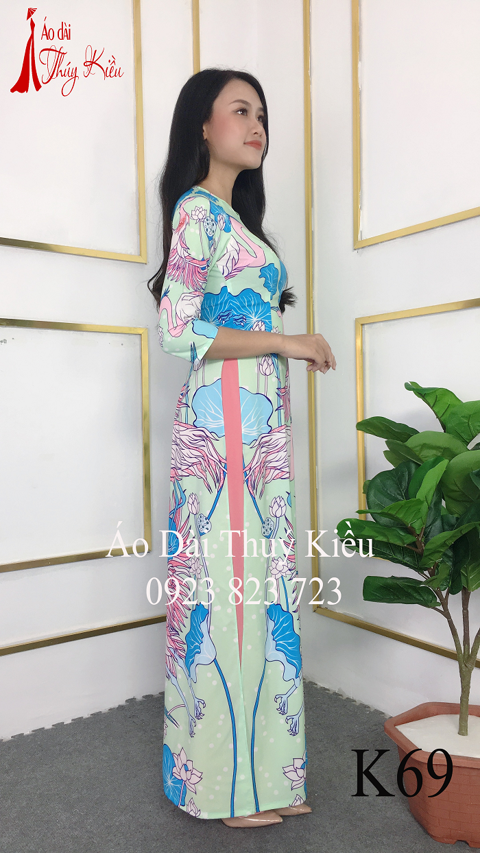 Áo dài nữ truyền thống thiết kế may sẵn tết cách tân nền xanh hồng hạc K69 Thúy Kiều mềm mại co giãn áo dài giá rẻ