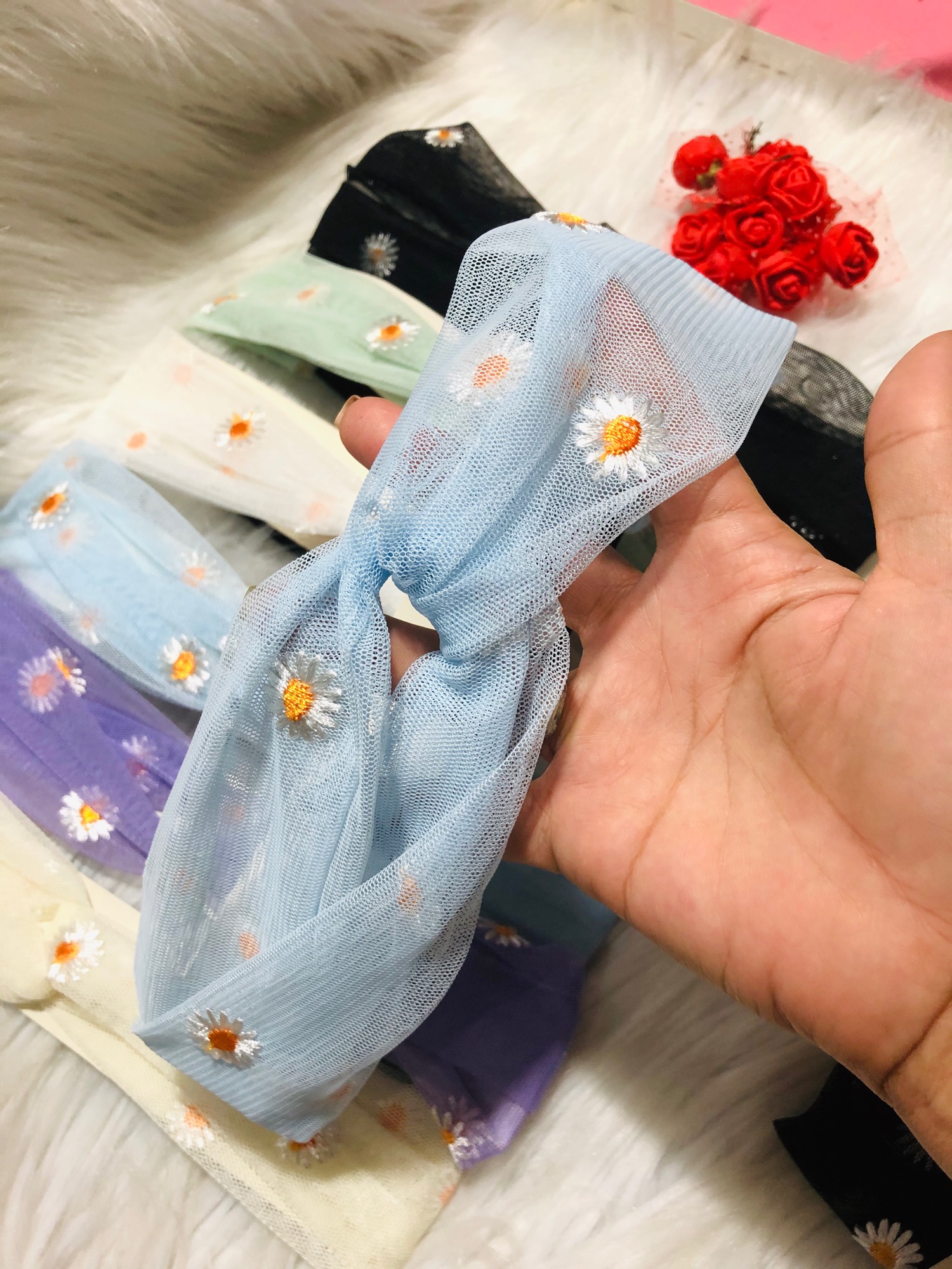 [HCM]Băng đô cài tóc voan lưới thêu hoa cúc