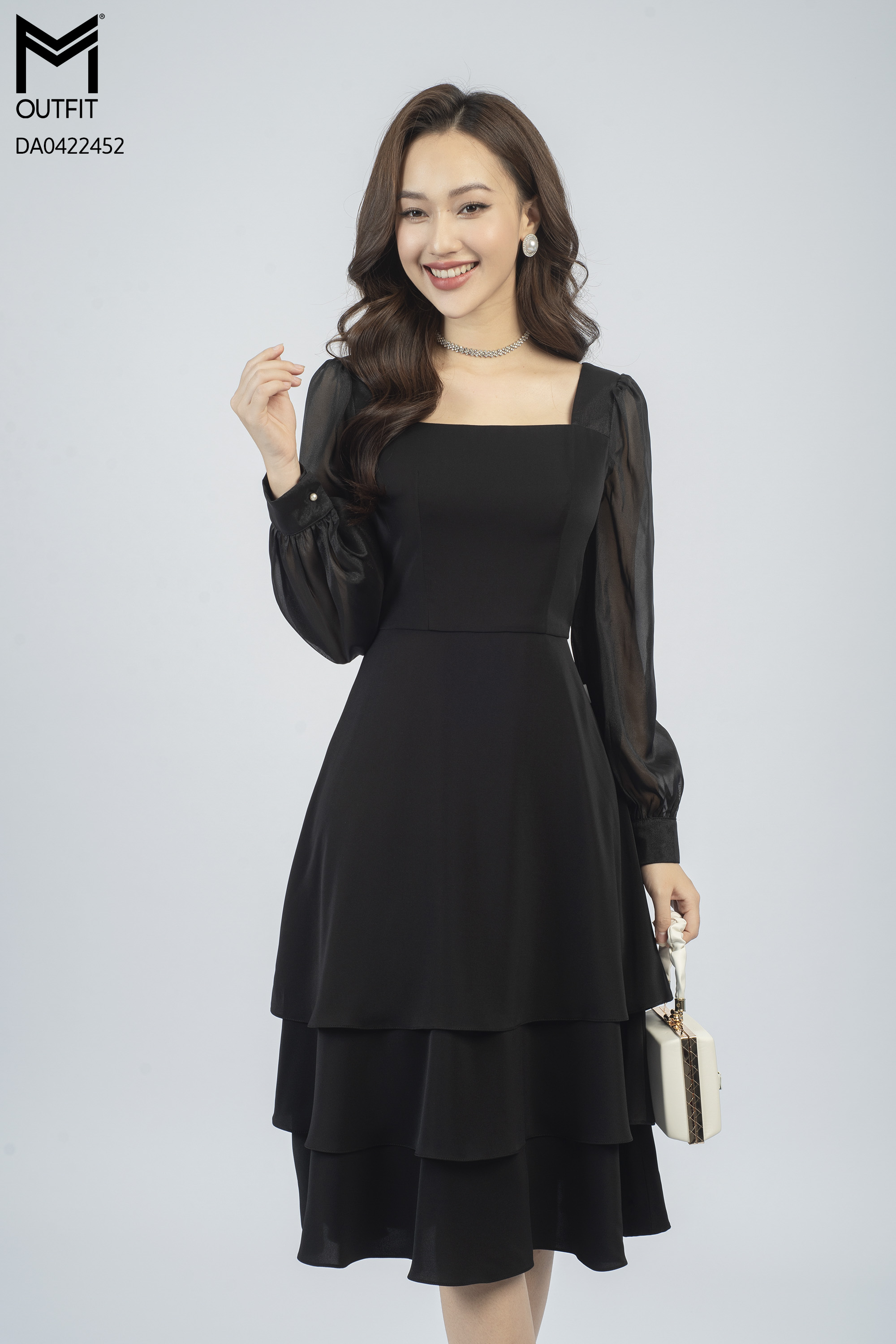 Đầm dáng xòe, 3 tầng, cổ U, tay dài phối voan - mmoutfit