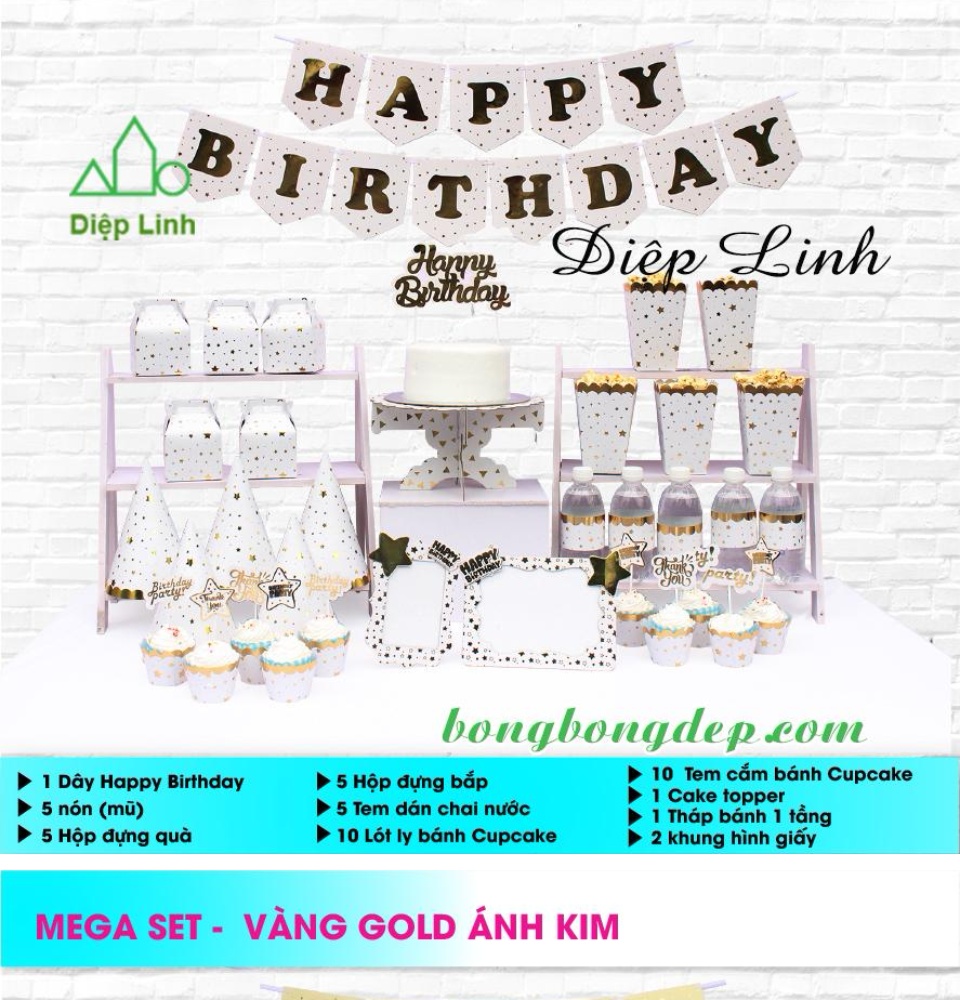 Set Mega Bàn Tiệc Trang Trí Sinh Nhật Dành Cho Bé Ép Kim