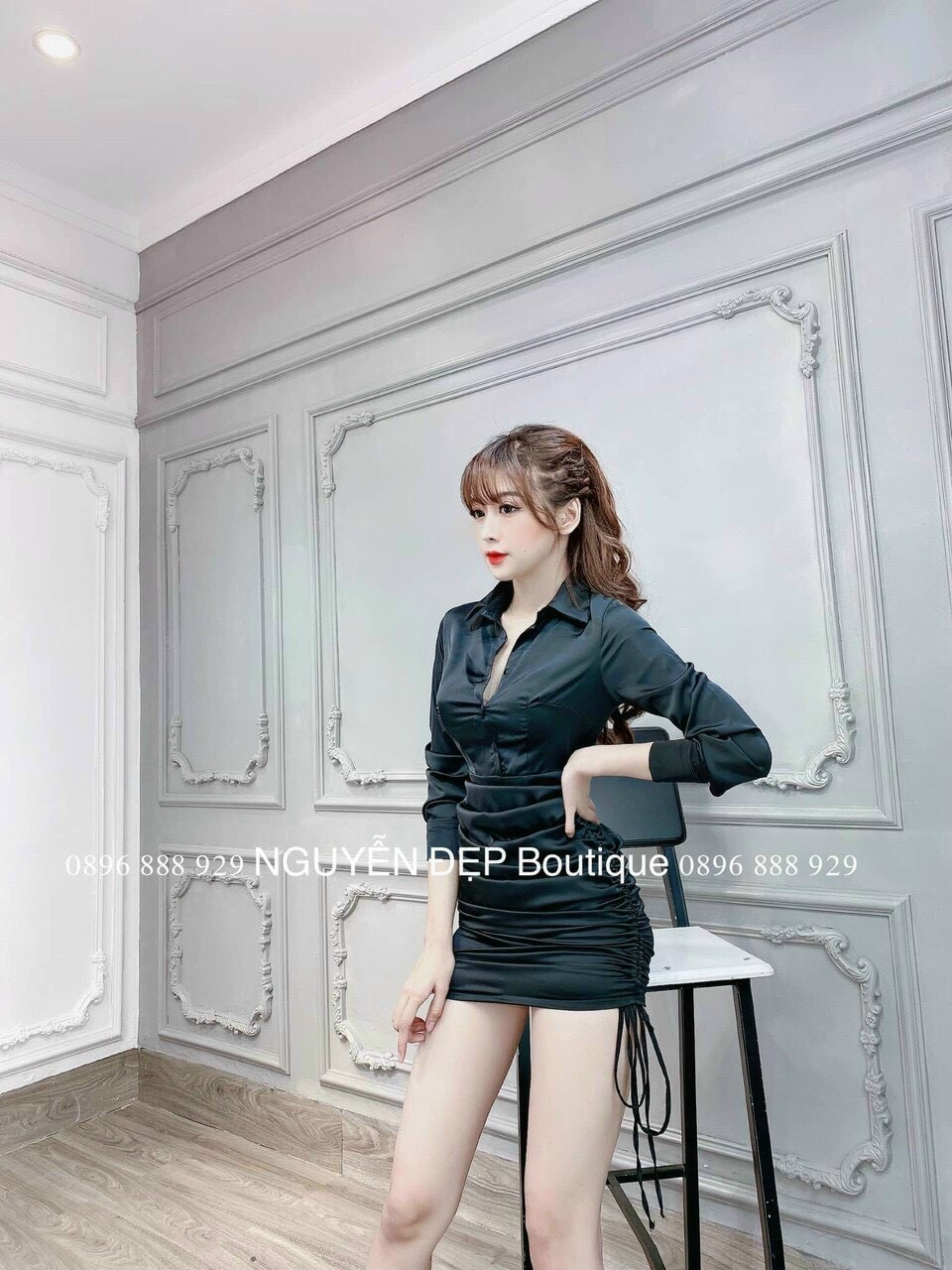 [HCM]Đầm nhún cổ sơ mi cao cấp ba màu ( màu be màu trắng và màu đen )