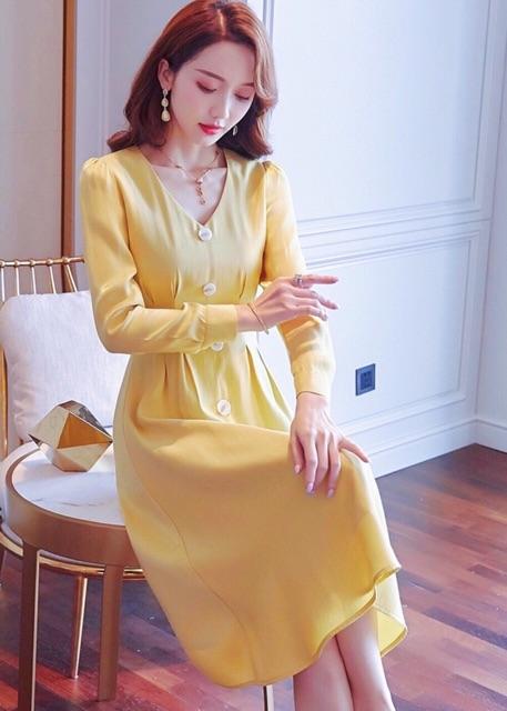 [HCM]Đầm vàng xếp li tay dài
