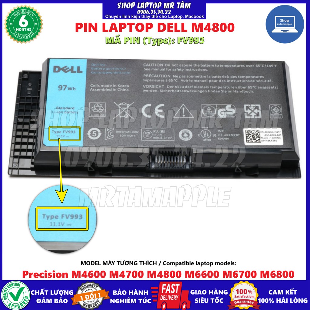 BATTERY LAPTOP DELL PRECISION M4600 (ZIN) - 9 CELL Fit for Precision M4600 M4700 M4800 M6600 M6700 M6800 PG6RC R7PND C565C 8M039 FV993