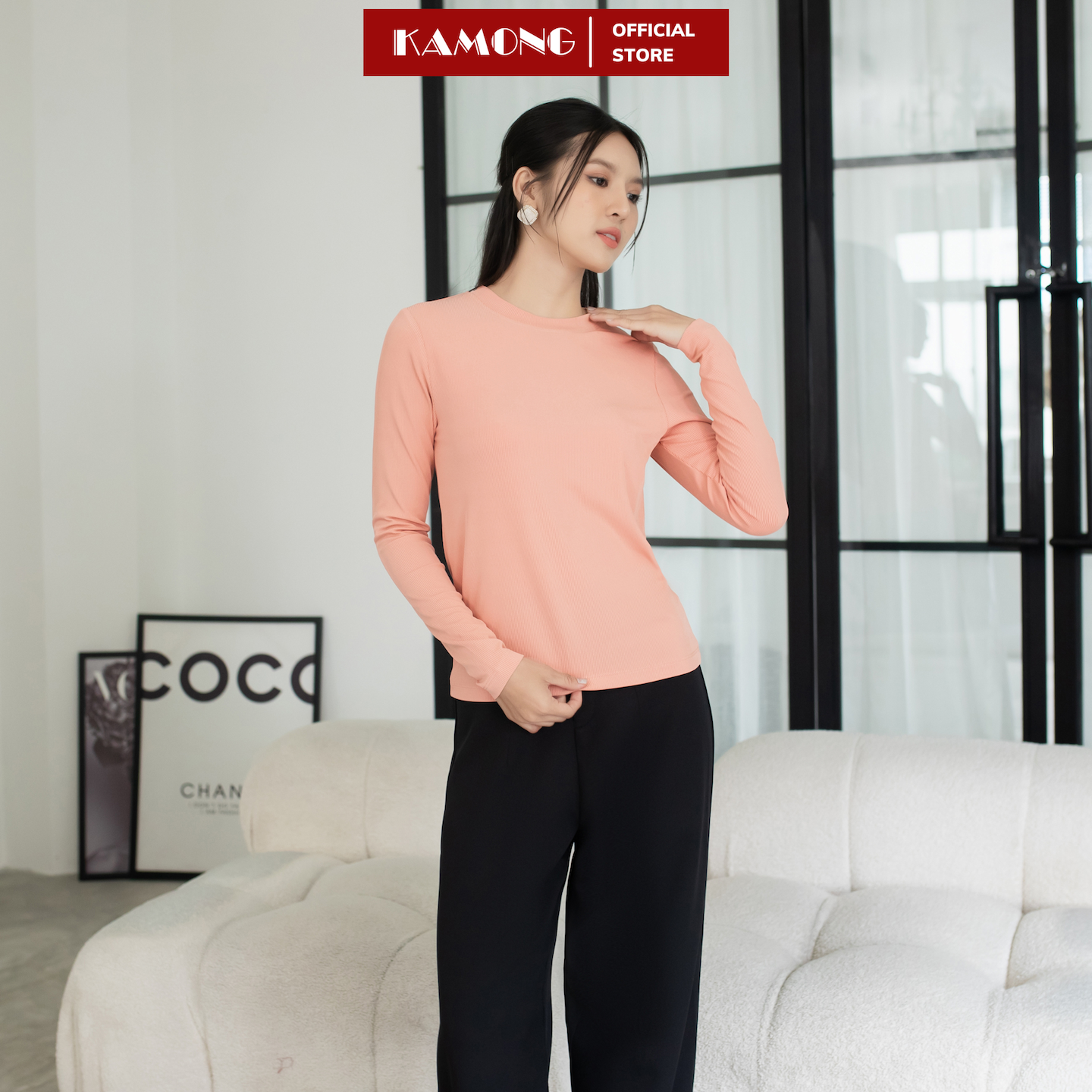 Áo thun nữ tay dài KAMONG kiểu dáng basic chất liệu thun tăm A151
