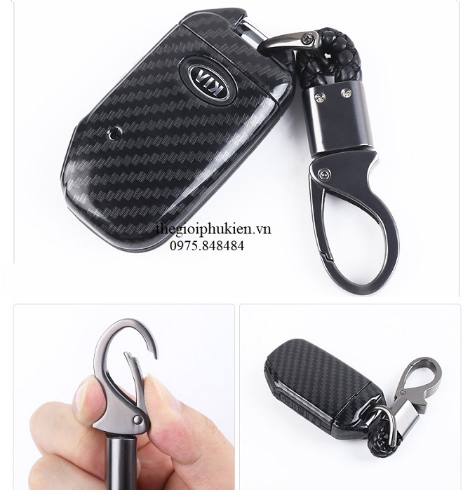 Ốp chìa khóa carbon bọc, bảo vệ chìa khóa xe Kia Sorento 2021 kèm móc đeo INOX