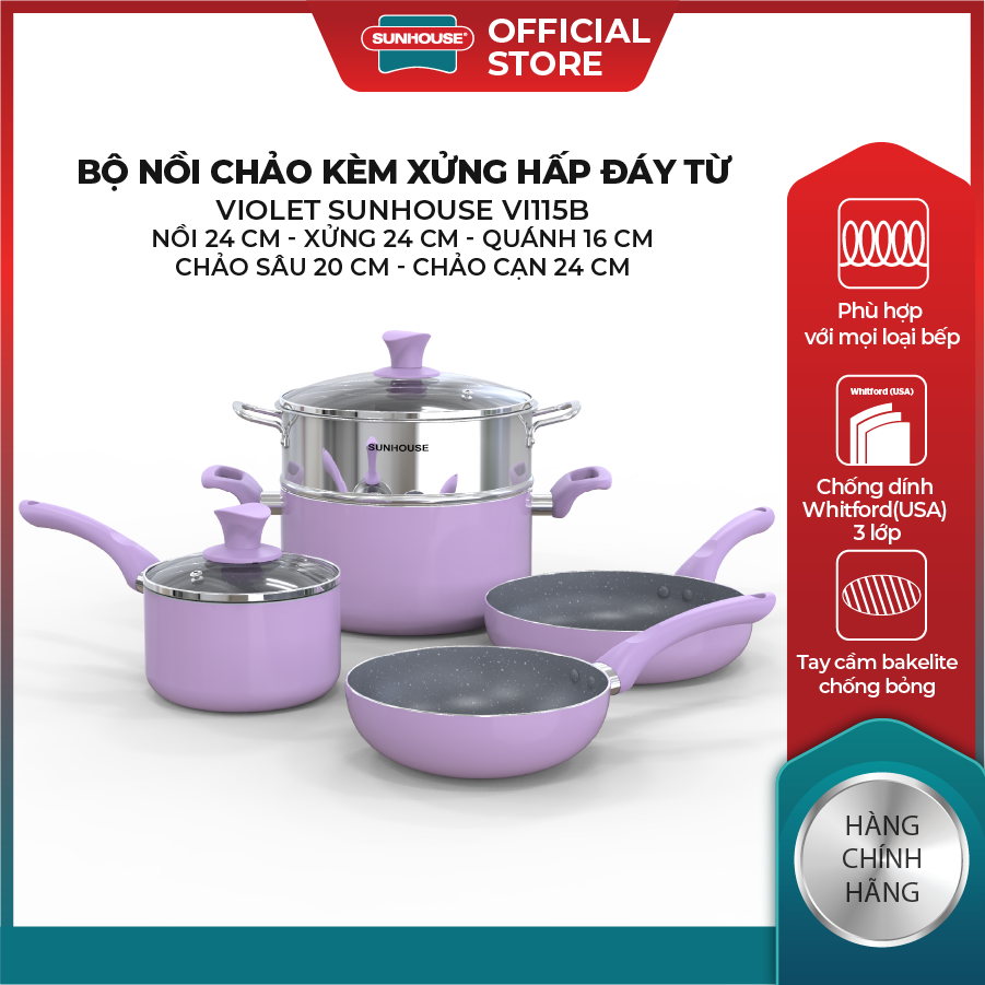 Bộ nồi chảo kèm xửng hấp đáy từ VIOLET SUNHOUSE VI115 - Màu tím trendy - Sử dụng trên mọi loại bếp - Hình ảnh 2