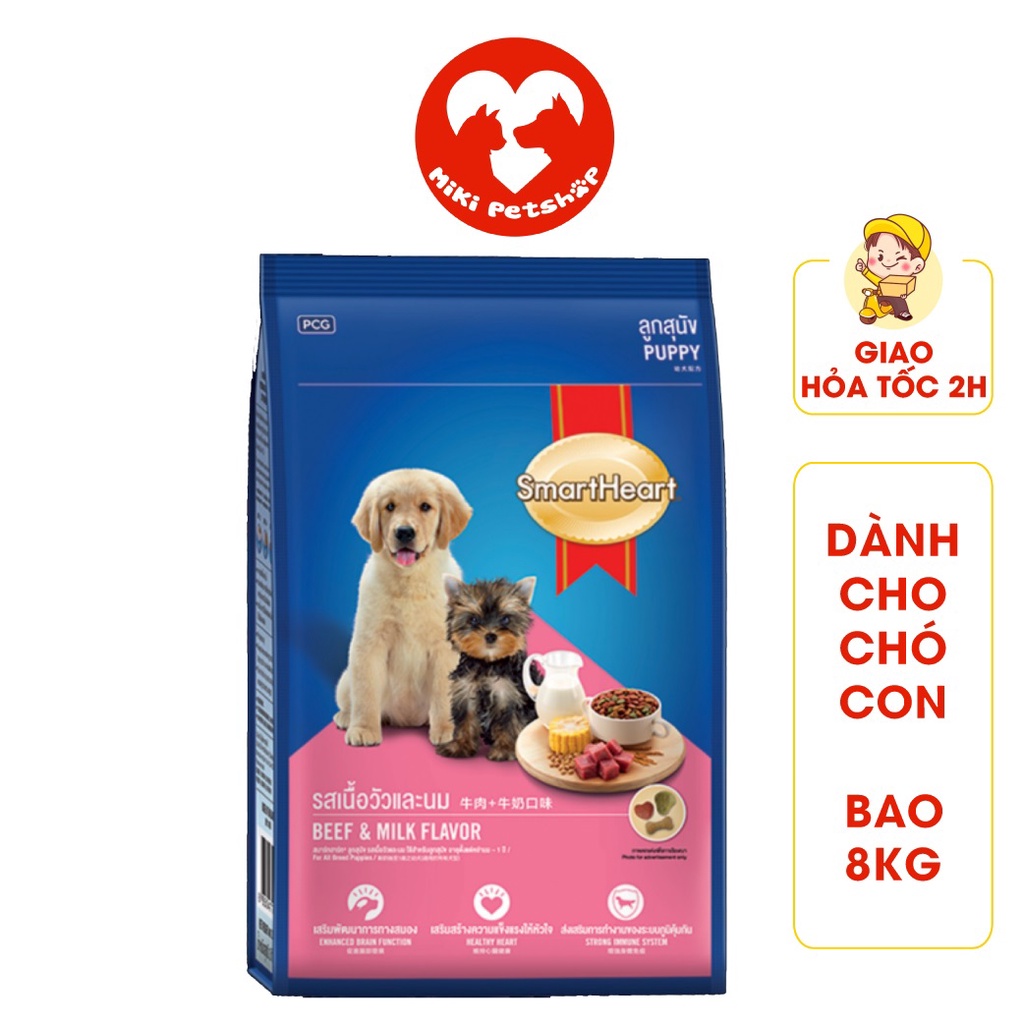 Thức Ăn Cho Chó Con Hạt Smartheart Puppy Vị Bò Và Sữa 8Kg - Miki Petshop