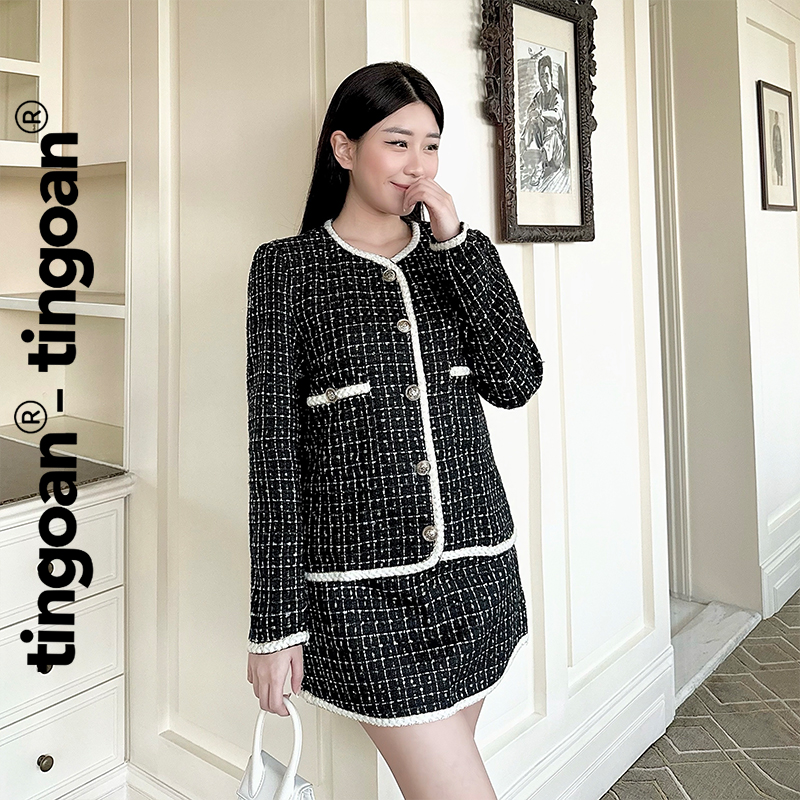 Tingoan® - khoác tweed lấp lánh form lửng bện viền cổ tròn đen midnight jacket/bl
