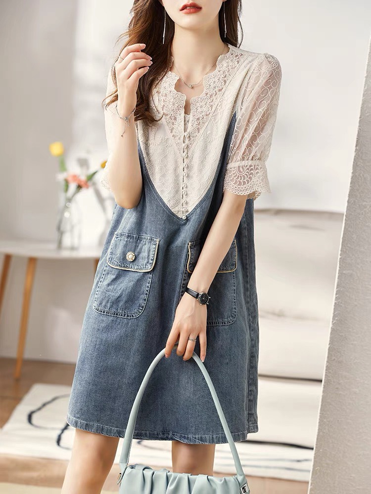 Set đầm yến jean phối ren cao cấp quảng châu