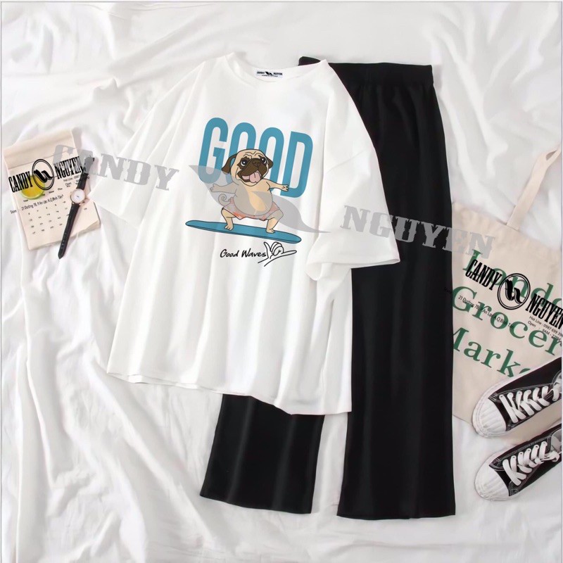 [Siêu Chất 21] Sét Bộ Đồ Quần Áo Thời Trang Nữ In Hoạt Hình Cún GOOD Mặc Đi Chơi - Mặc Ở Nhà Xinh Dễ Thương Mix Quần Ống Rộng Thun Cát Phong Cách