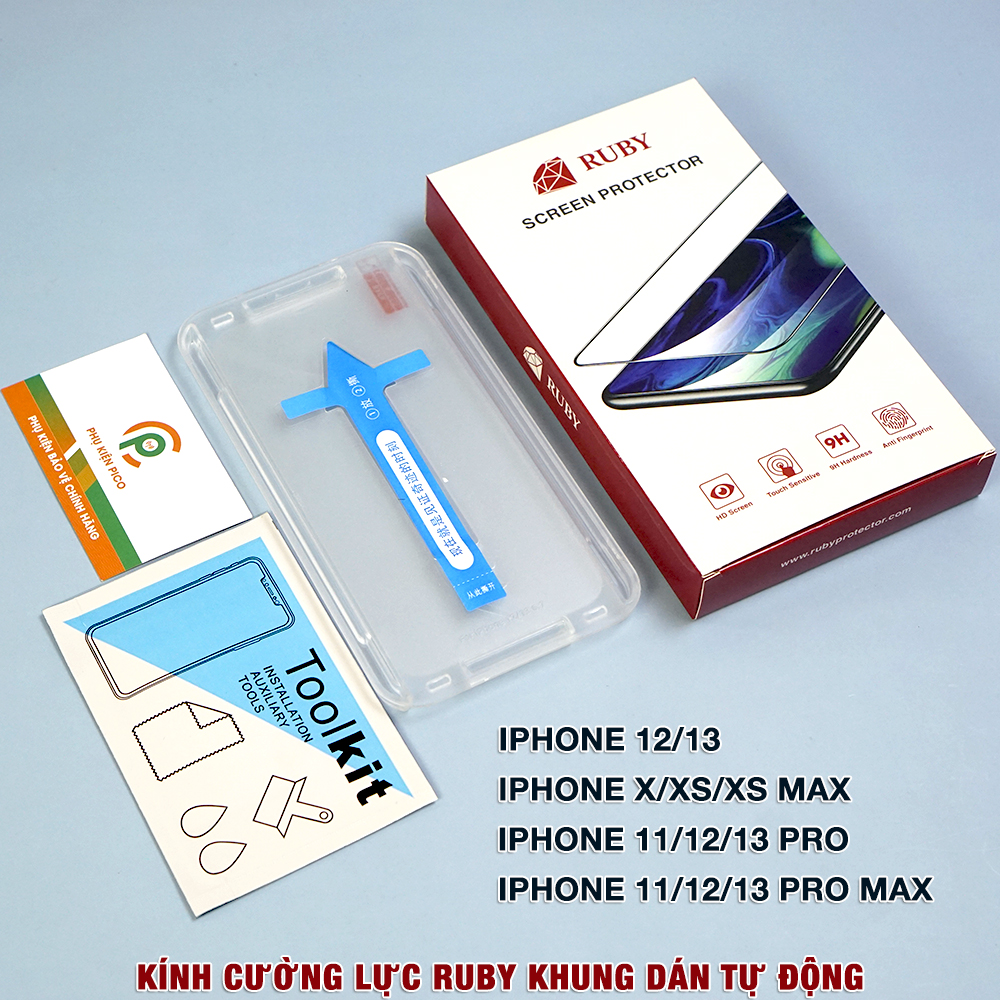 Kính cường lực Iphone 13 Pro Max / 14 Pro Max / 12 Mini / 11 Pro / Iphone Xs Max Ruby khung dán tự động full màn hình viền cong 3D