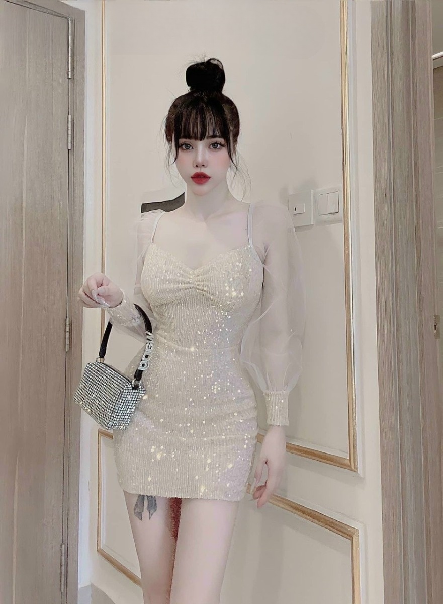 Đầm dự tiệc kim sa phối tay lưới (có mút, có lót)