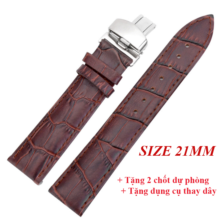 [HCM]Dây đồng hồ da bò cao cấp SIZE 21mm ( Da Nâu kèm khóa bướm thép không gỉ 316L (Bạc)