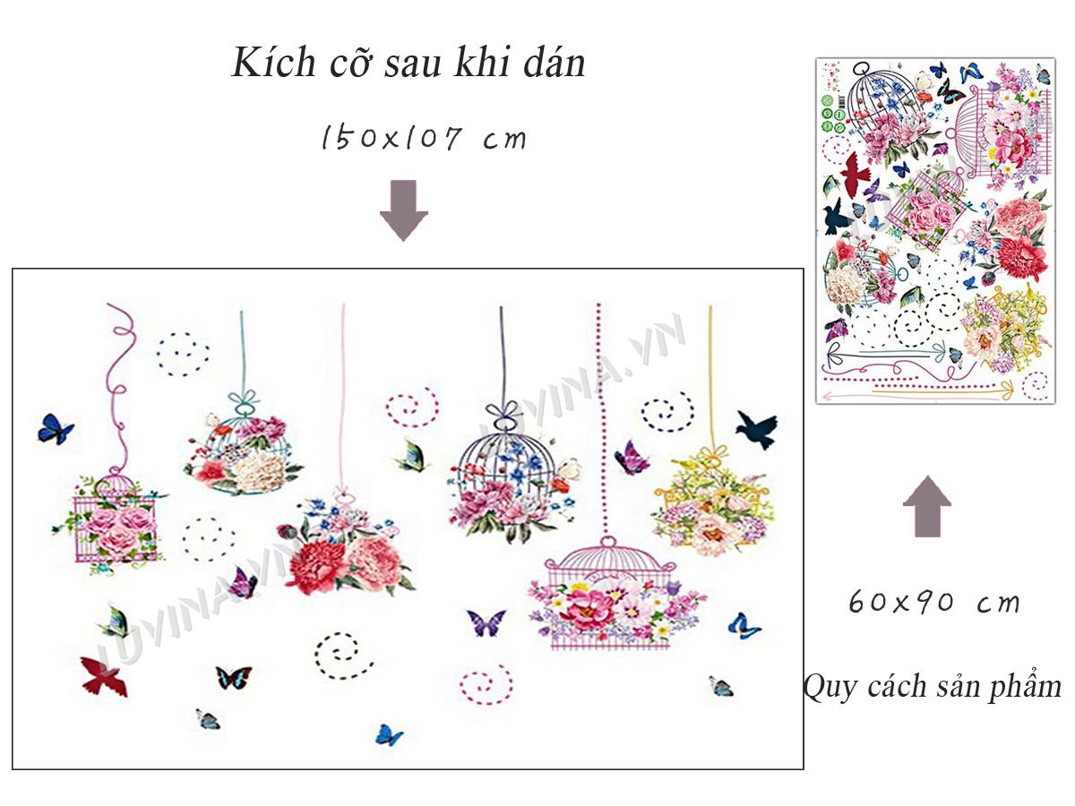 [HCM]DECAL DÁN TƯỜNG LỒNG CHIM HOA SẮC MÀU