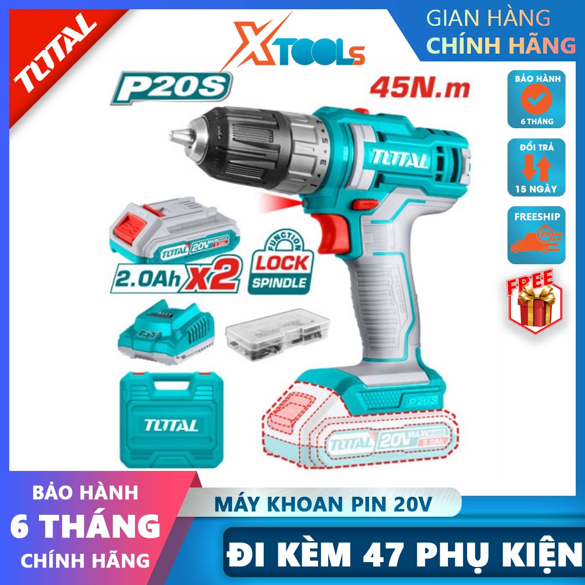 Total tdli200528 20v 45nm torque battery drill with 2 2AH batteries, 1 charger and 47 parts-authentic