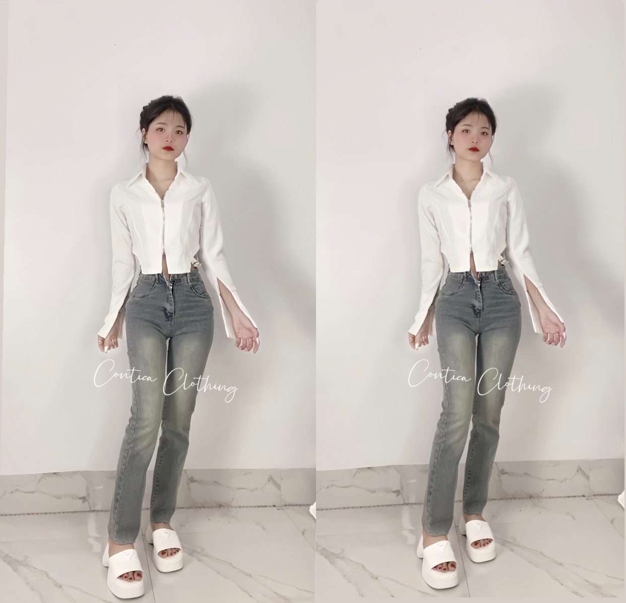 Quần jeans ống đứng màu bạc lưng cao hack dáng