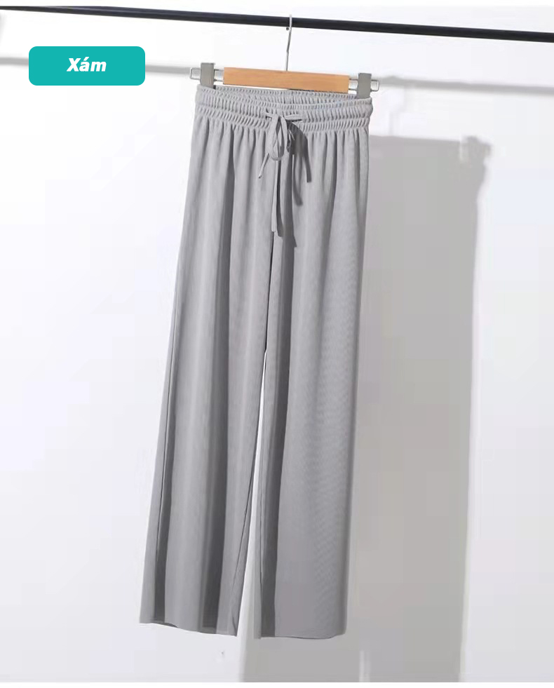 Quần ống rộng lụa băng, quần trà sữa dệt kim xếp nếp mùa hè cho nữ, quần ống rộng ống rộng lưng cao