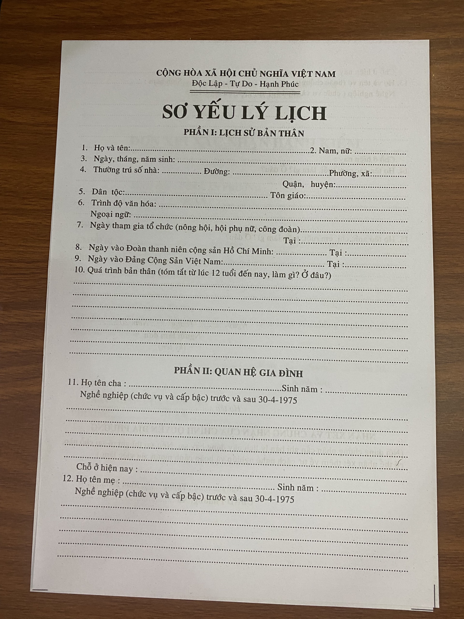 Đơn mẫu sơ yếu lý lịch-1 tờ