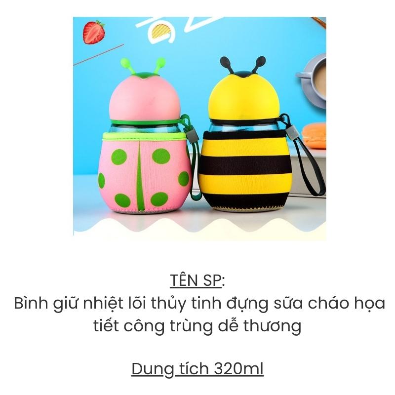 Bình giữ nhiệt lõi thủy tinh đựng sữa cháo họa tiết công trùng dễ thương SWEET HOME