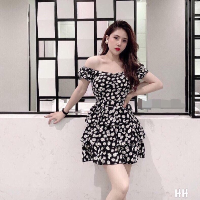 Set Bộ Cúc Họa Mi Áo Trễ Vai ( Có Mút Ngực ) Phối Chân Váy Nhún 3 Tầng Cá Tính Trẻ Trung.Qc