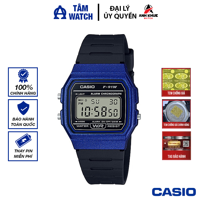 Đồng hồ nam dây nhựa Casio Standard chính hãng Anh Khuê F-91WM-2ADF (35mm)
