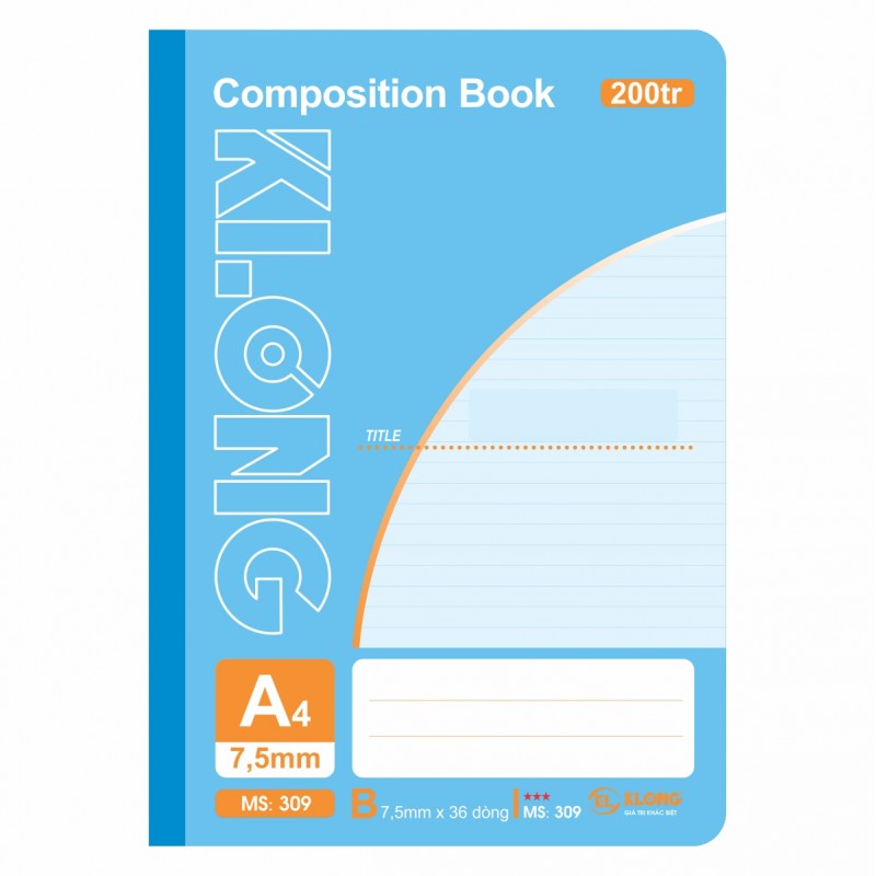 Vở A4 200 trang kẻ ngang may dán gáy Compostion Book KLong, cuốn tấp sổ Klong MS 309-VPPKLONG