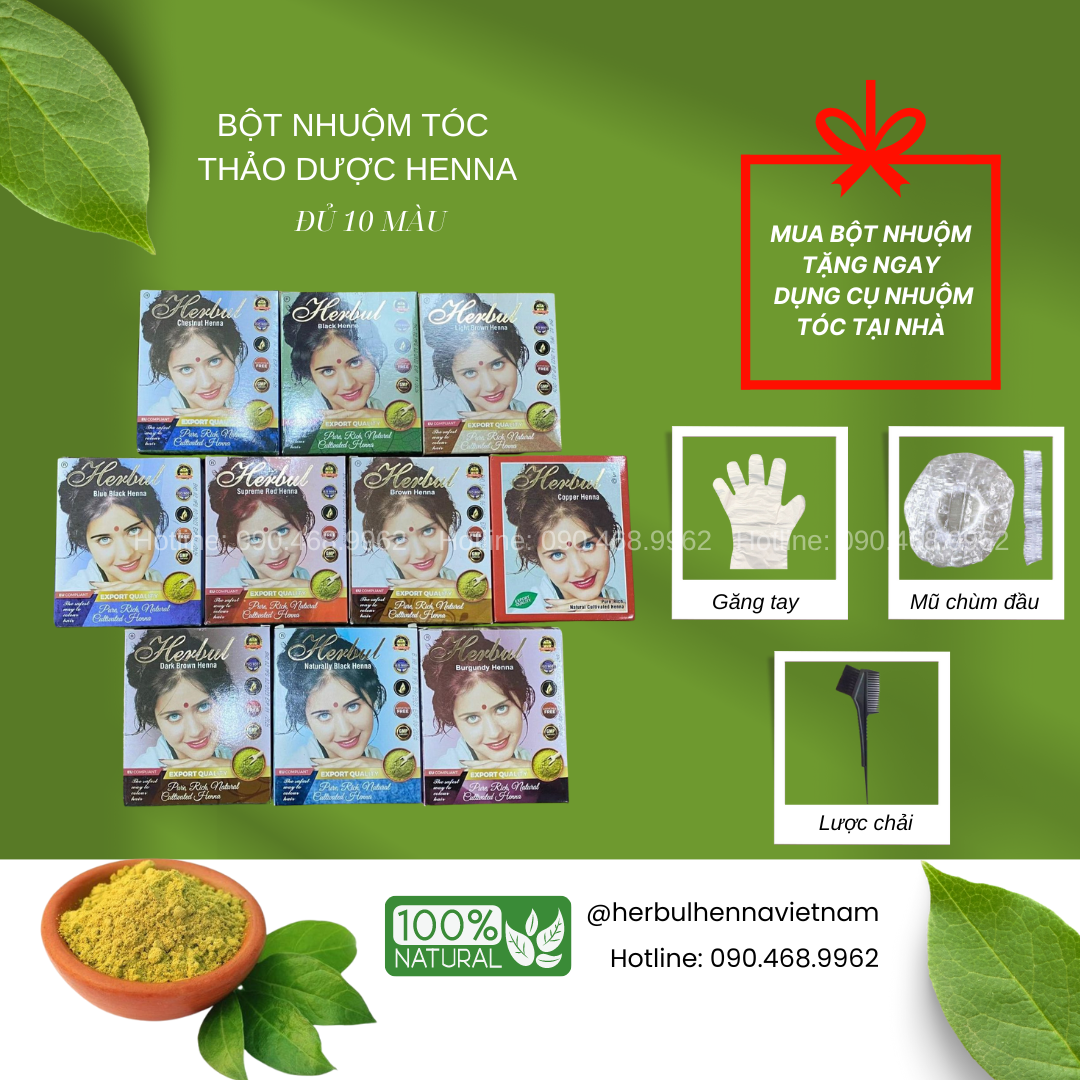 Bột nhuộm tóc thảo dược Ấn Độ Herbul Henna [ Tặng kèm Mũ trùm đầu+ Lược+ Găng tay]