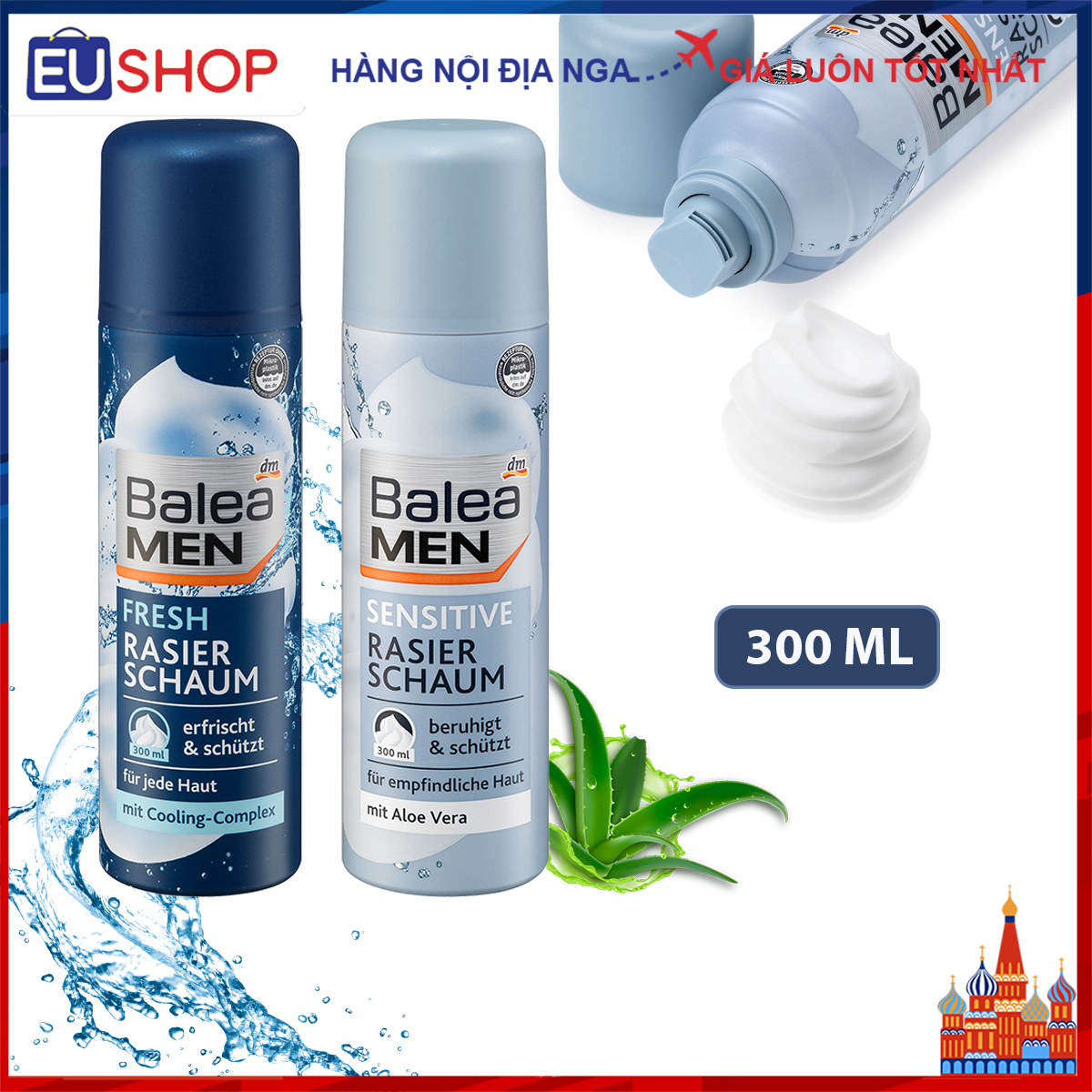 Bọt cạo râu 300ml, Kem gel 200ml BALEA MEN Đức với Nha đam, Cooling Complex