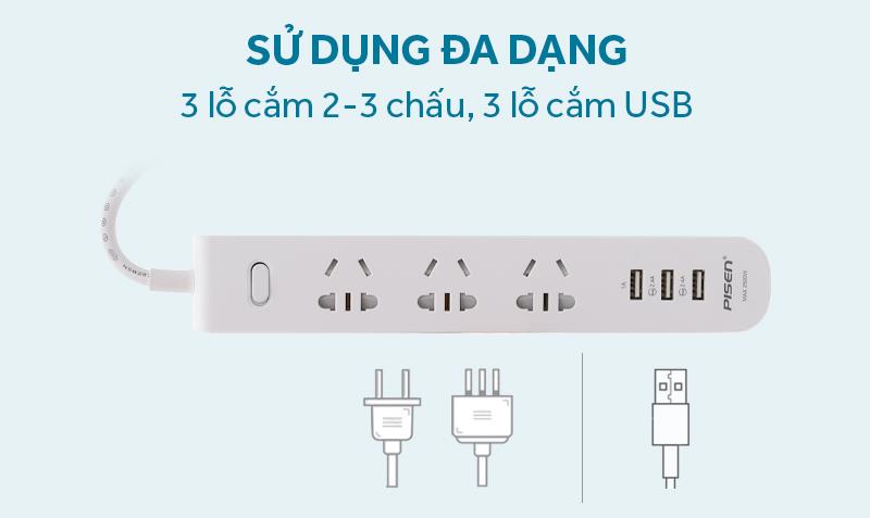 Ổ cắm điện đa năng Pisen 303  ( 3AC , 3USB ) -BH 18 Tháng