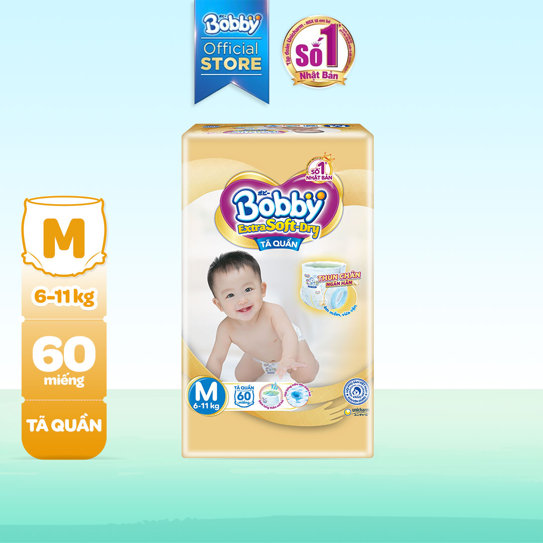 Tã/Bỉm quần Bobby Extra Soft-Dry thun chân ngăn hằn Super Jumbo M60