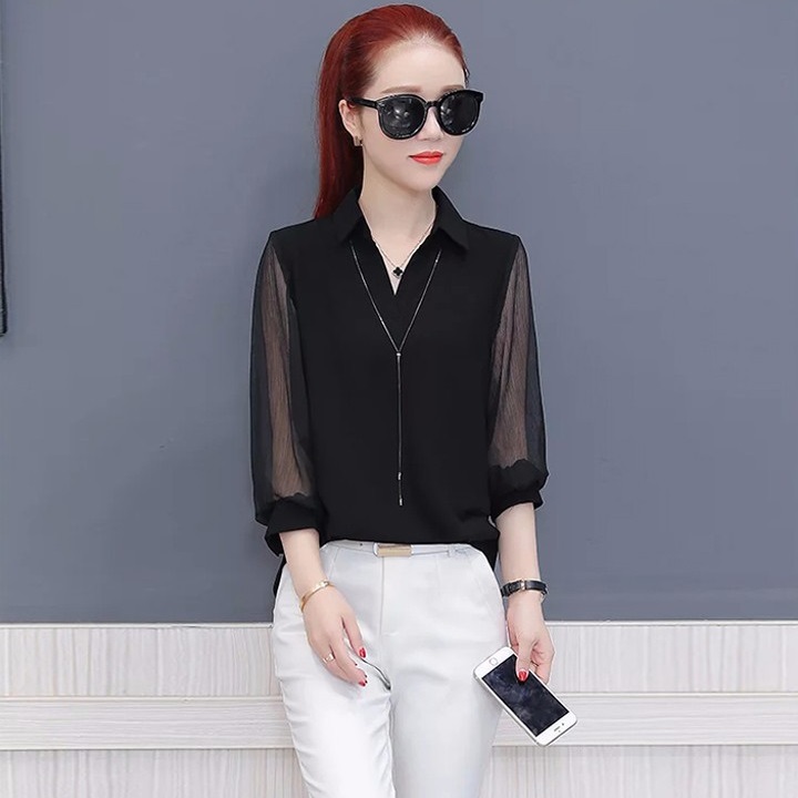 Áo Sơ Mi Nữ Kiểu Công Sở Tay Lỡ Phối Voan Lưới