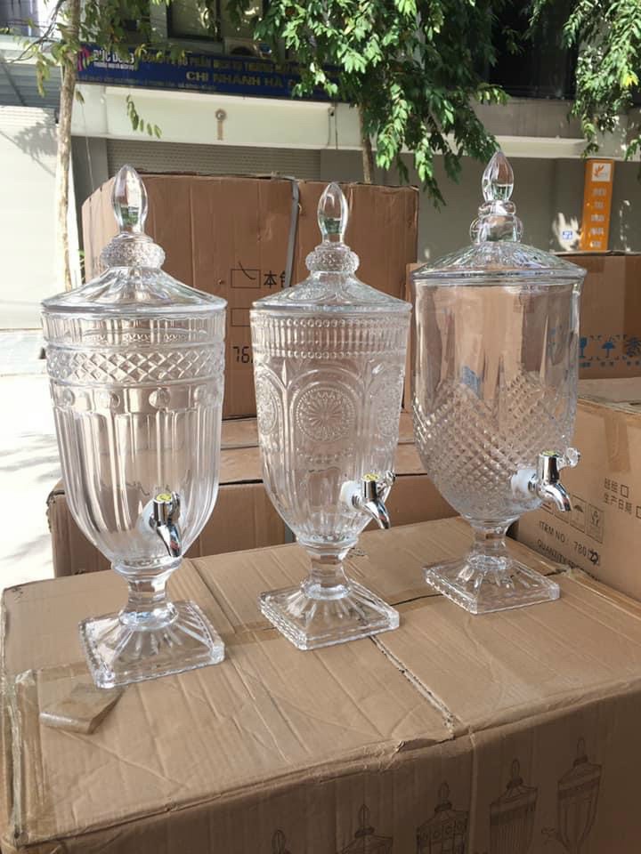 Bình ngâm rót ruou Thủy Tinh có vòi. Dung tích 2 - 3-  5 Lít. Hàng cao cấp. Loại dày, hoa văn nổi sang trọng. Vòi có gioăng cao su chống rỉ nước (MI140)