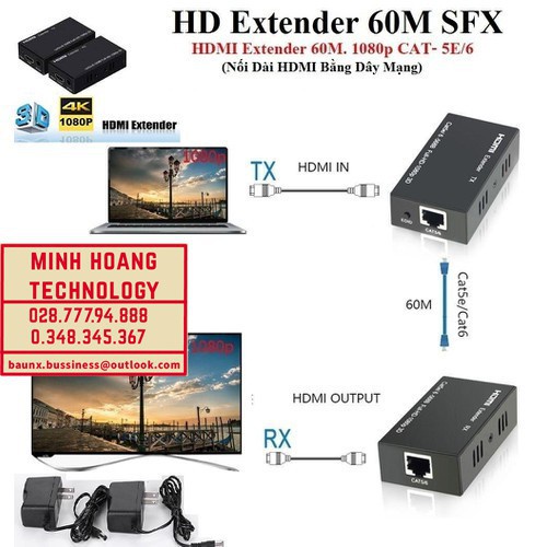 Bộ Chuyển Hd Extender 60m Sfx ( Nối Dài Hdmi Bằng Dây Lan 60m )