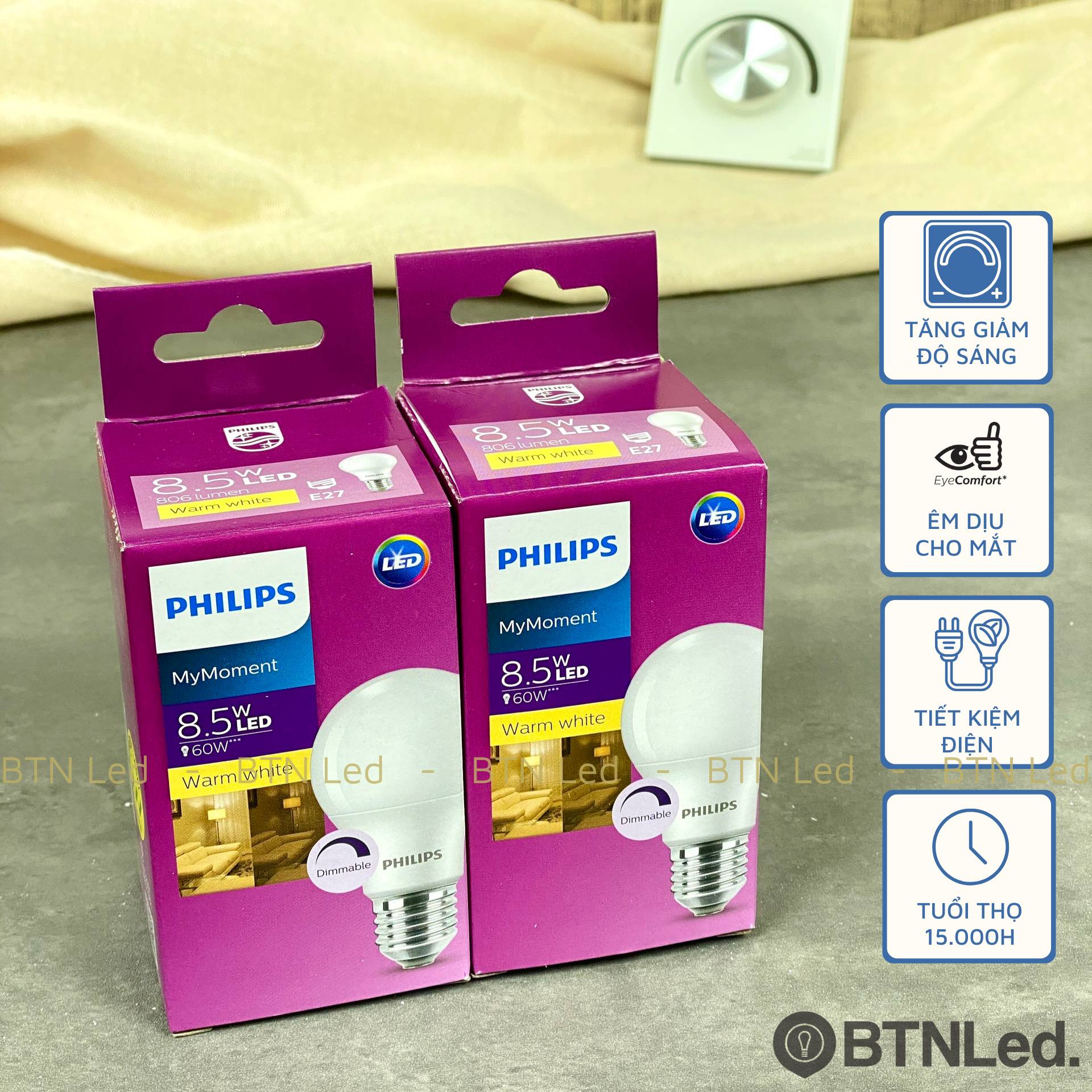 Đèn LED bulb dim Philips 8.5W A60 E27 2700K FR