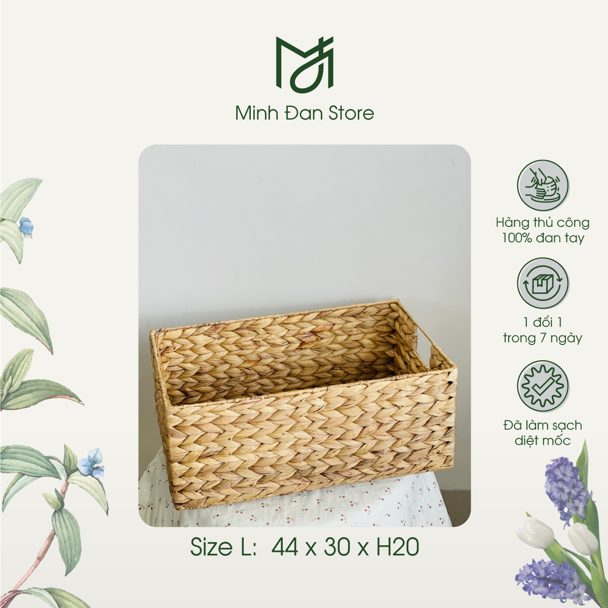 Giỏ lục bình size L đựng đồ đa năng có nắp, giỏ đựng đồ quần áo, trang trí nhà cửa, khung sắt chắc chắn tiện lợi