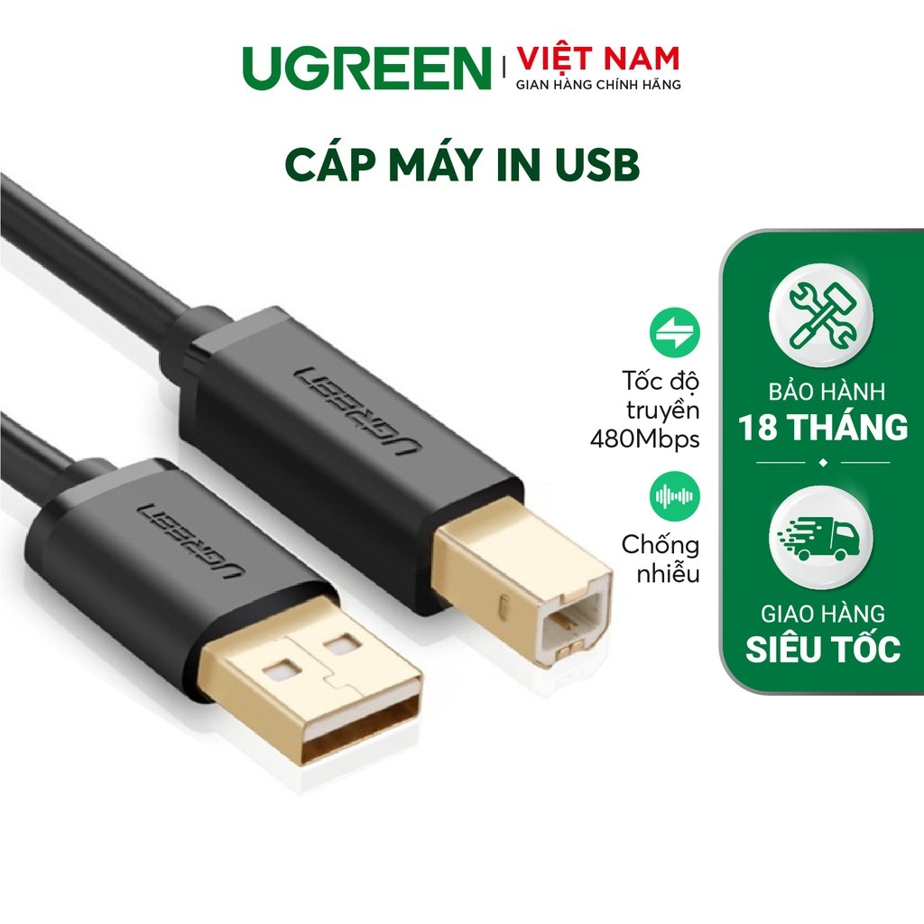 Dây máy in USB 2.0 chuẩn A đực sang chuẩn B đực UGREEN US135 | Ba lớp chống nhiễu | Hỗ trợ tốc độ truyền dữ liệu lên đến 480Mbps | Bảo Hành 18 Tháng 1 Đổi 1 | 10351 10352 10350 20846 20847.