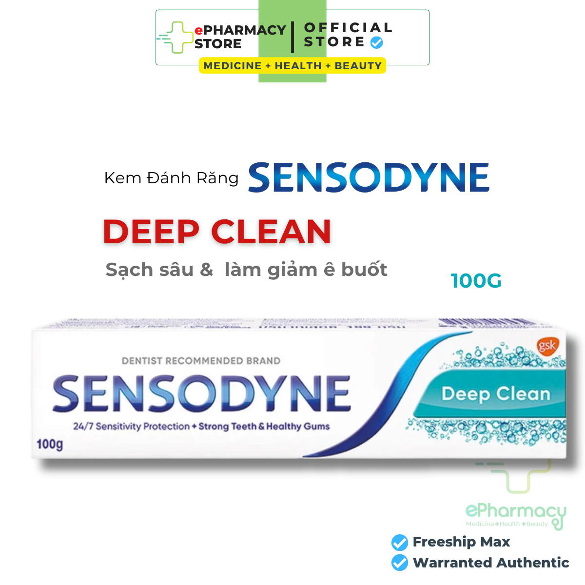 Kem đánh răng sensodyne deep clean - giúp giảm ê buốt hiệu quả, sạch sâu cho hơi thở thơm mát 100g, 160g
