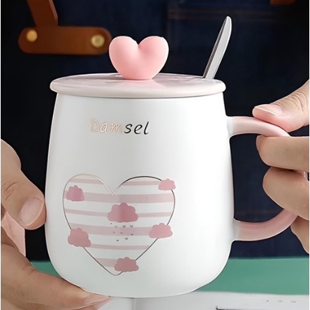 Cốc sứ, ly sứ có nắp, kèm thìa , kèm muỗng, Ly đựng nước, Ly thủy tinh dễ thương, Quà lưu niệm, kèm nắp hình trái tim và muỗng dễ thương